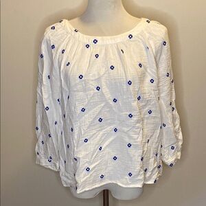 Madewell White and Blue Ruched 3/4 Sleeve Blouse